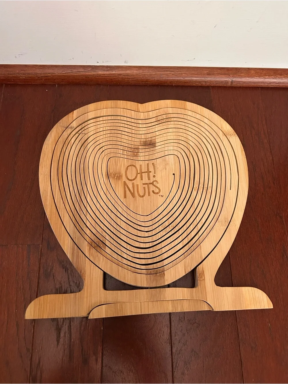 OH! Nuts Heart Shaped Collapsible Wooden Basket Tray Trivet Bamboo